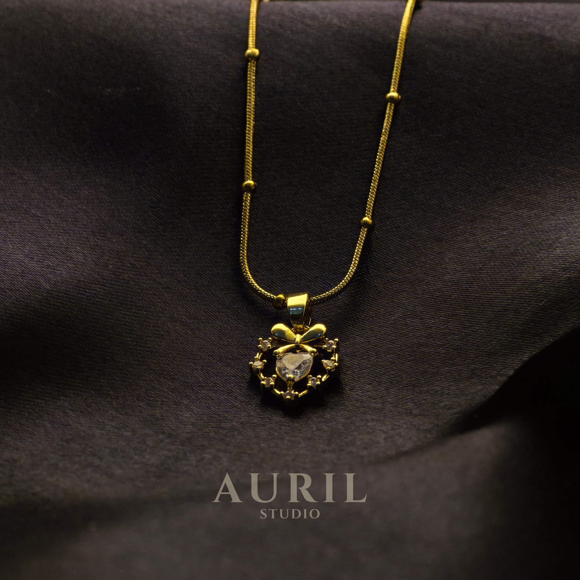 Crystal Heart Bow Pendant Necklace, 18K Gold Plated Anti Tarnish Satellite Chain for Women