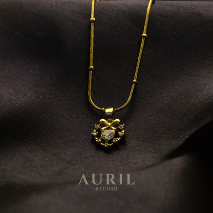 Crystal Heart Bow Pendant Necklace, 18K Gold Plated Anti Tarnish Satellite Chain for Women