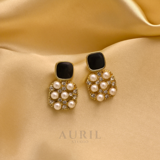 Noir Square Pearl Cluster Drop Earrings