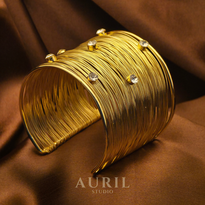 Broad Wire Cuff Bracelet, Gold Plated Statement Bangle with Crystal Studs for Women