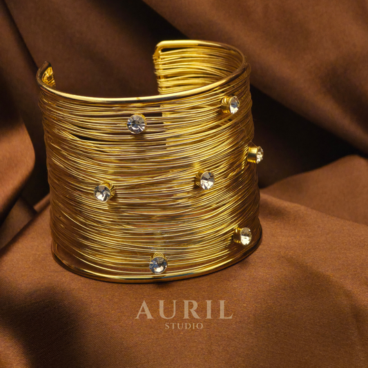 Broad Wire Cuff Bracelet, Gold Plated Statement Bangle with Crystal Studs for Women