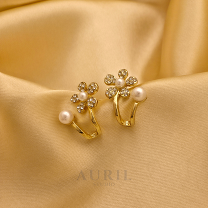 Crystal Daisy Pearl Clip On Earrings
