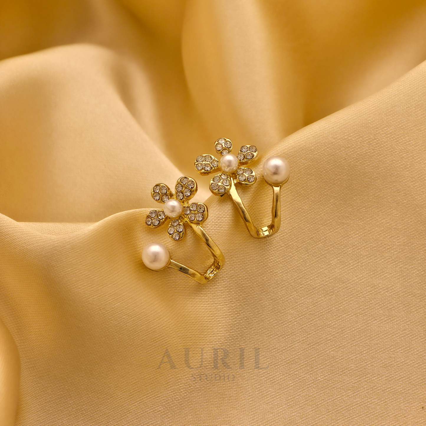 Crystal Daisy Pearl Clip On Earrings