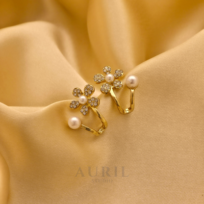 Crystal Daisy Pearl Clip On Earrings