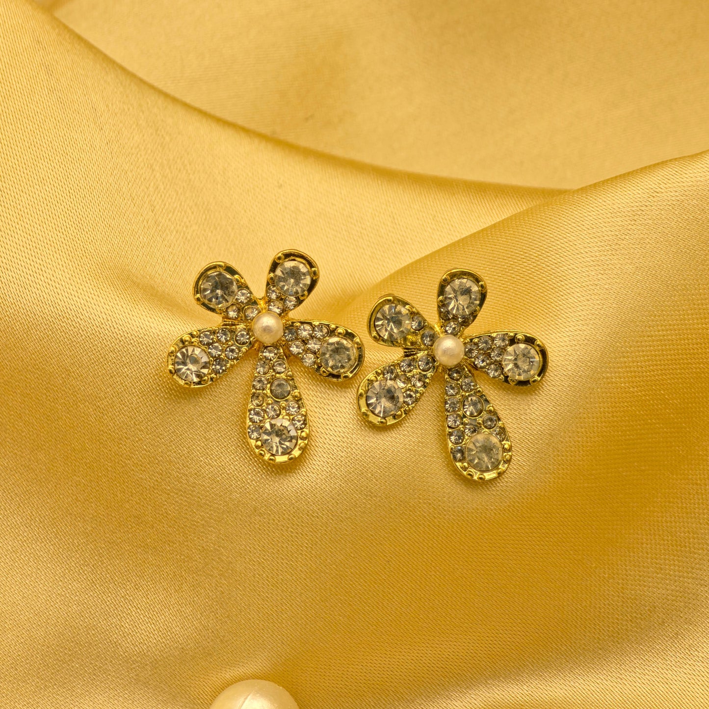 Champagne Crystal Bloom Pearl Stud Earrings