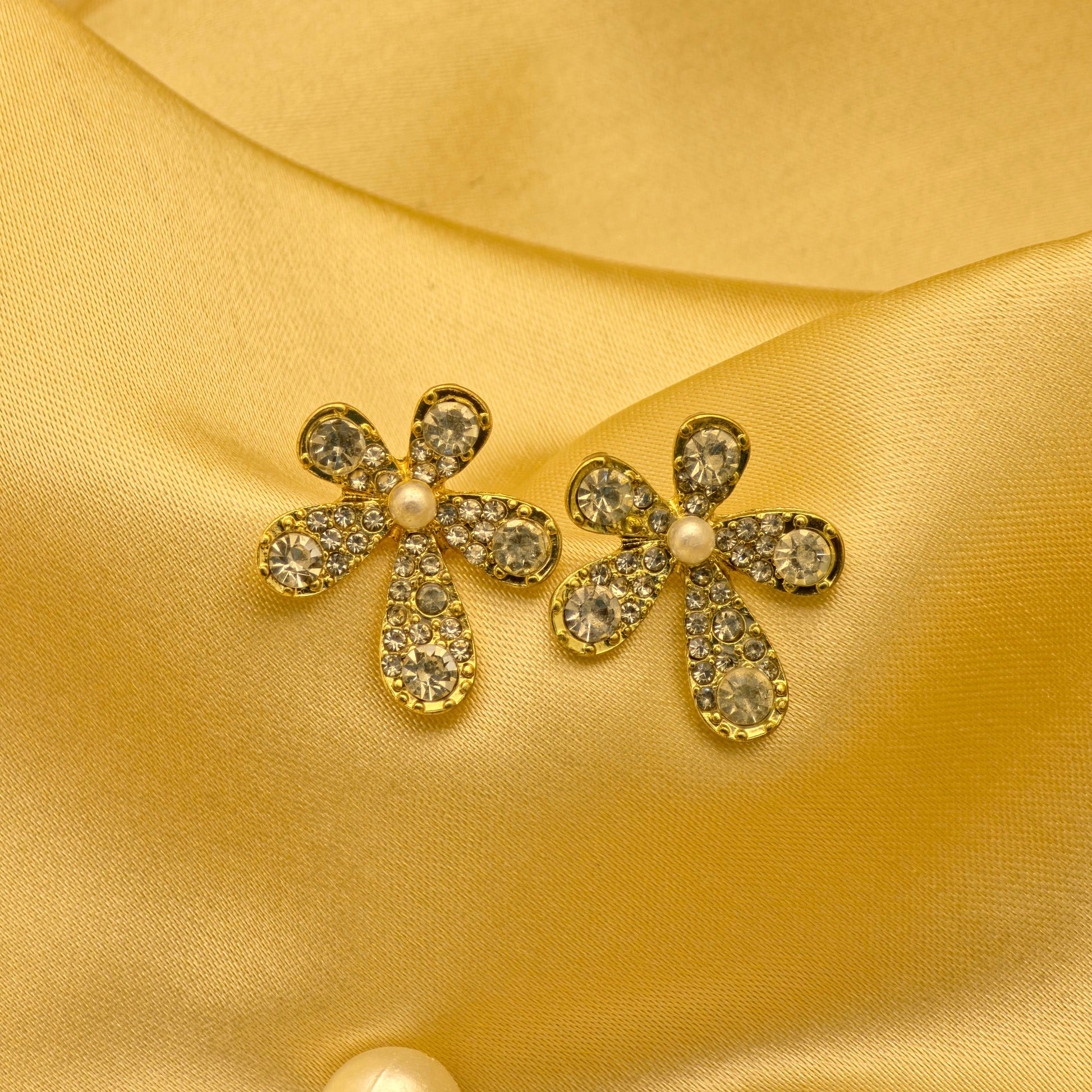 Champagne Crystal Bloom Pearl Stud Earrings