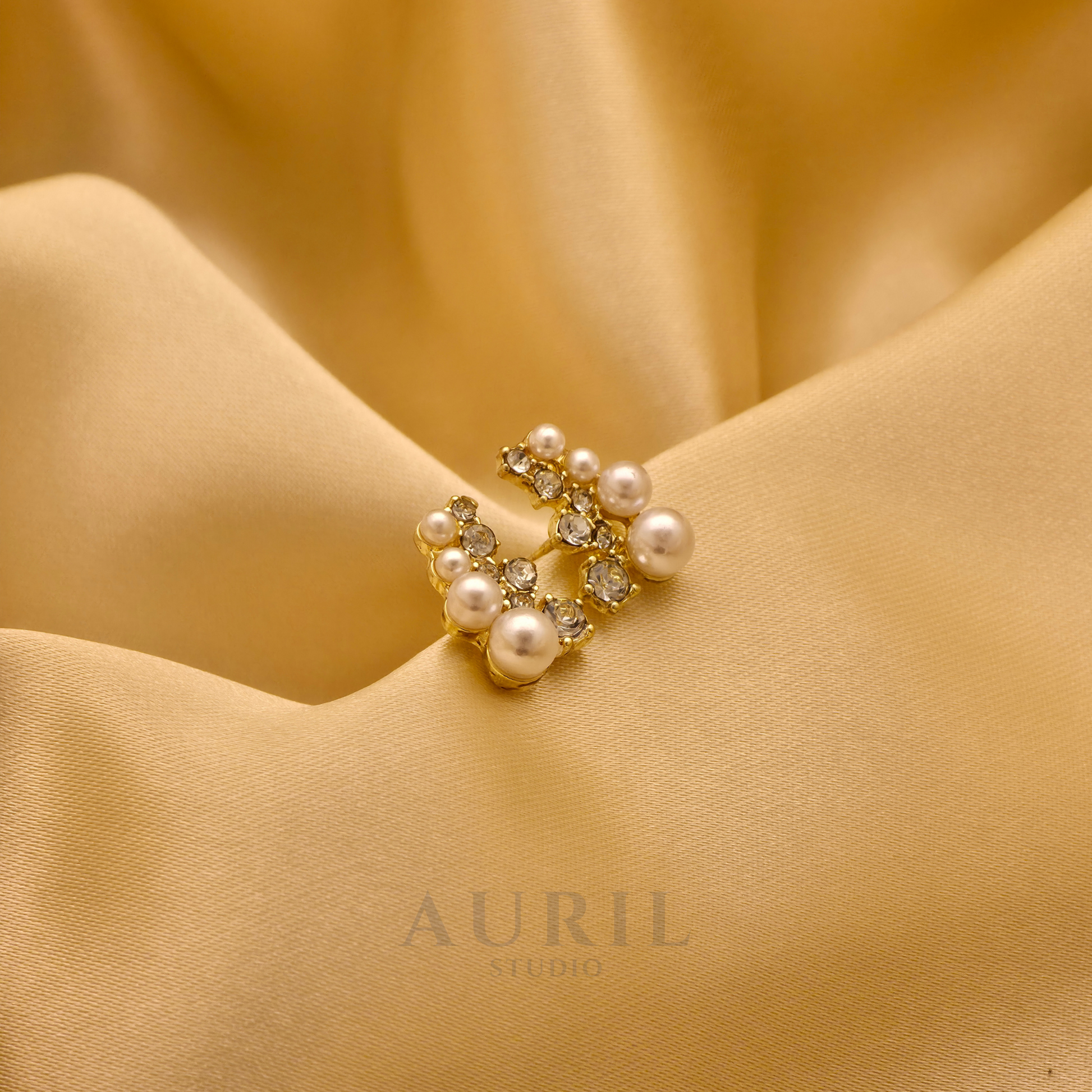 Crystal and Pearl Crescent Climber Stud Earrings