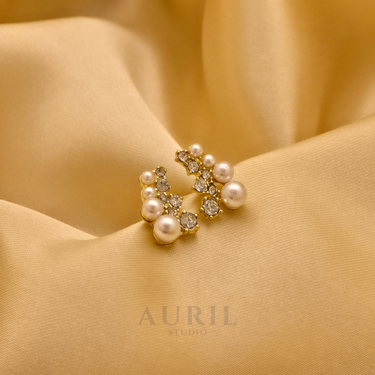Crystal and Pearl Crescent Climber Stud Earrings
