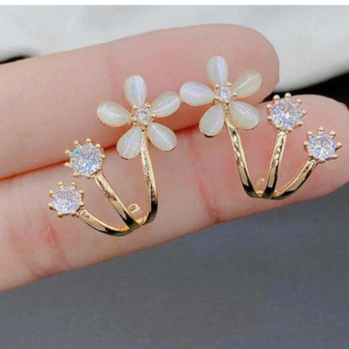 Gold opal daisy stud earrings with twin crystal sprig ear jackets