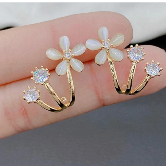 Gold opal daisy stud earrings with twin crystal sprig ear jackets
