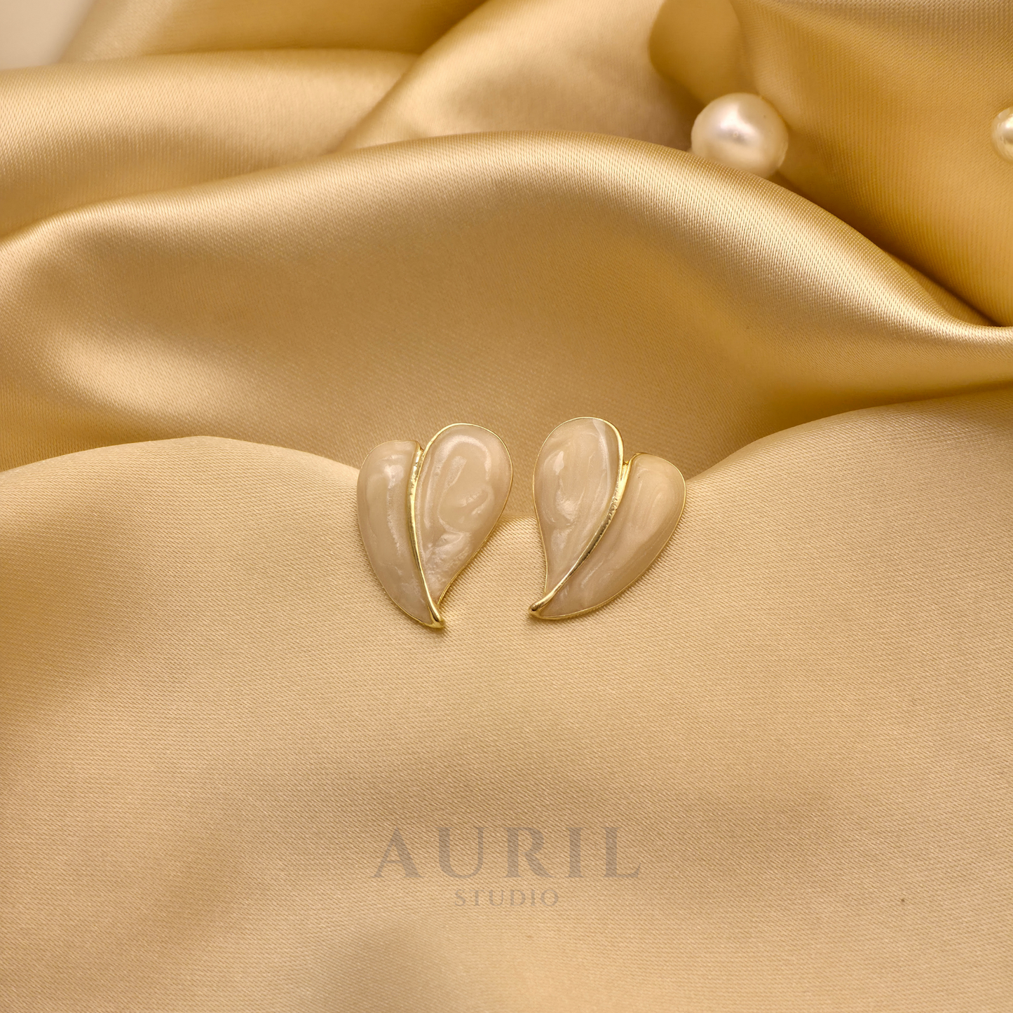 Pearl Enamel Folded Heart Stud Earrings