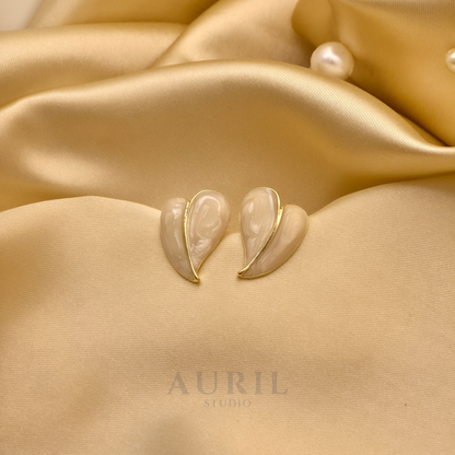 Pearl Enamel Folded Heart Stud Earrings