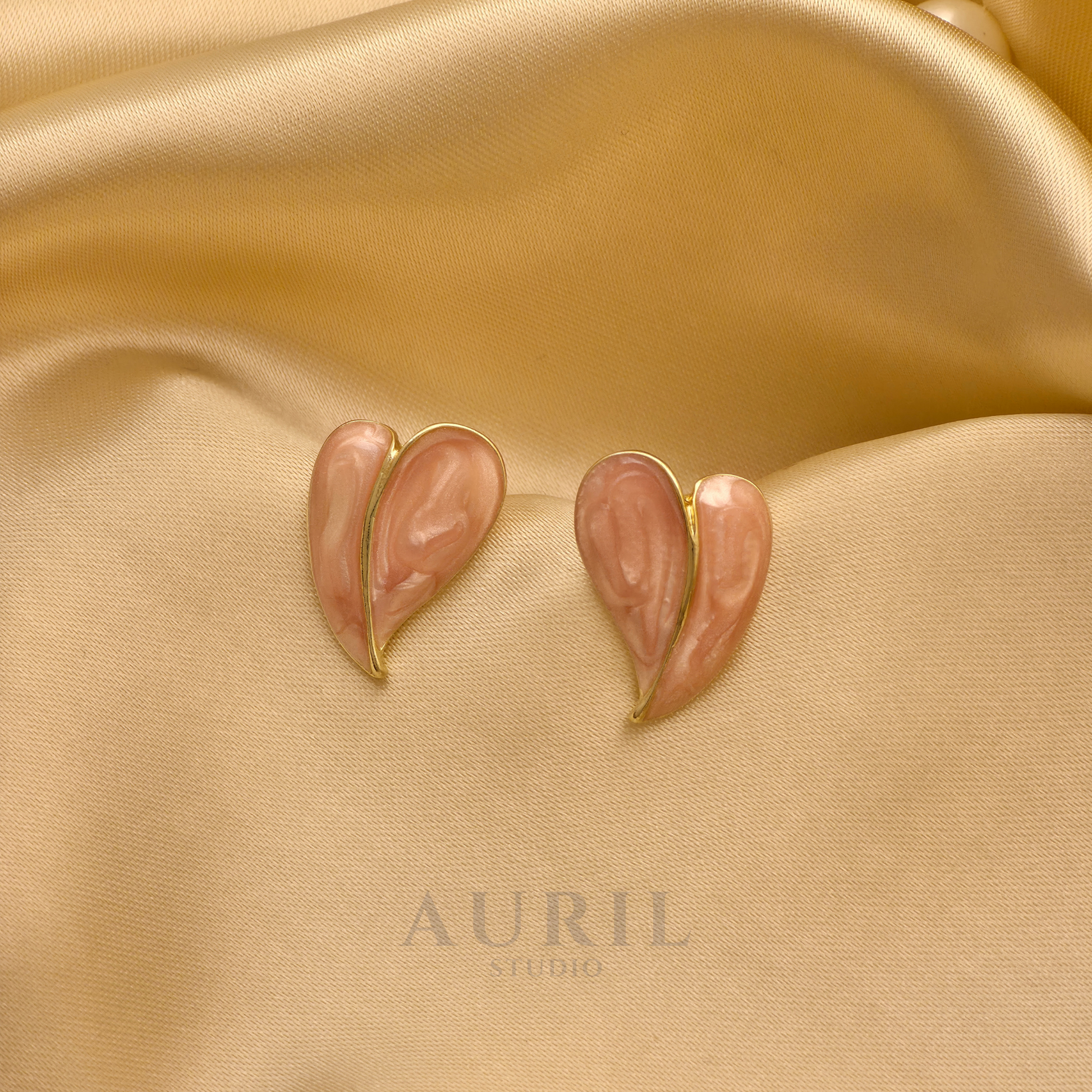 Pink Enamel Folded Heart Stud Earrings