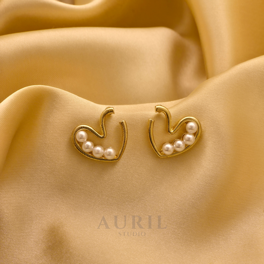 Abstract Heart Pearl Row Stud Earrings
