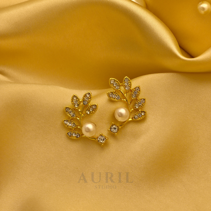 Olive Branch Crystal Pearl Stud Earrings