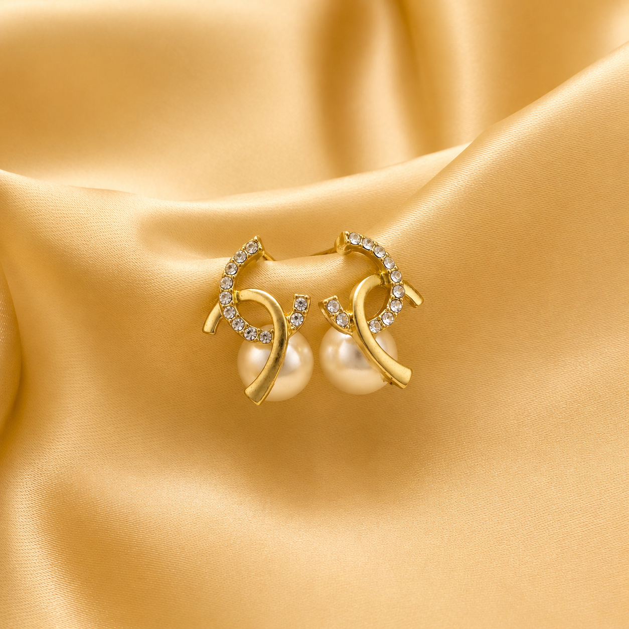 Crystal Ribbon Twist Pearl Stud Earrings