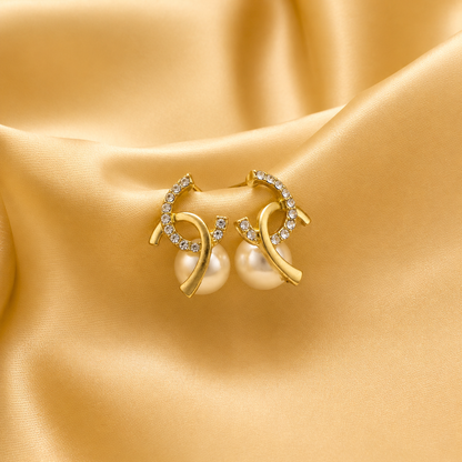Crystal Ribbon Twist Pearl Stud Earrings
