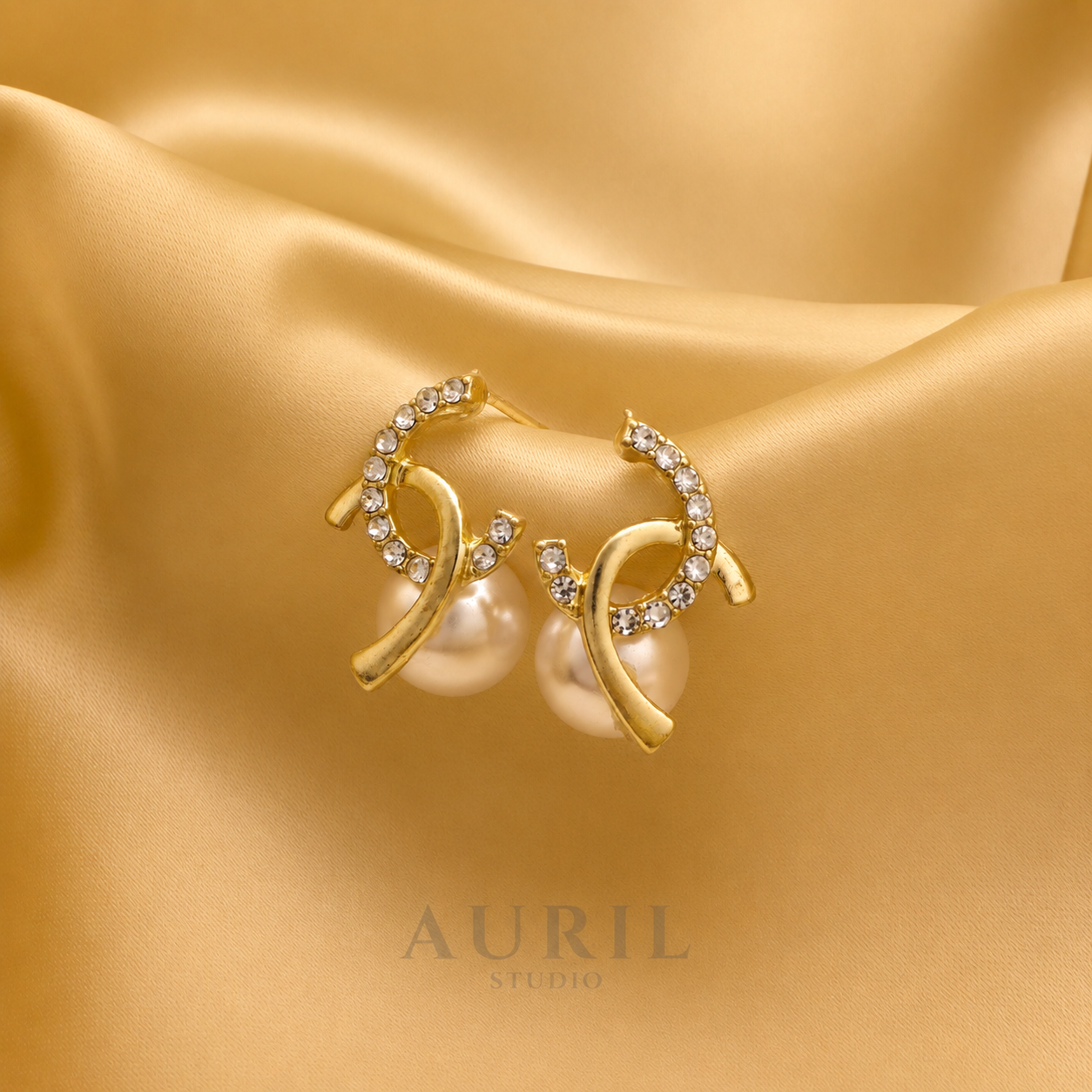 Crystal Ribbon Twist Pearl Stud Earrings
