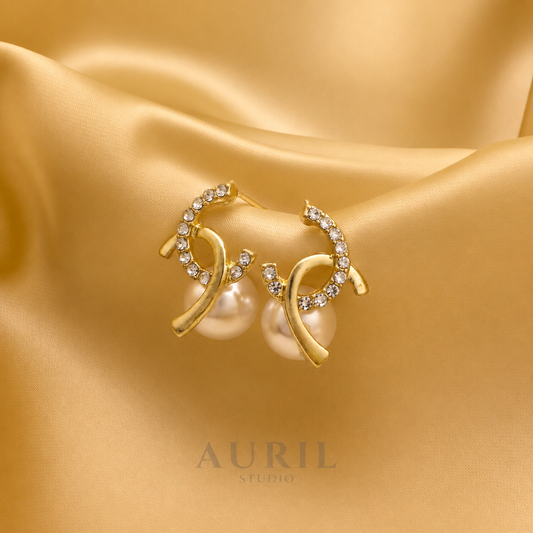 Crystal Ribbon Twist Pearl Stud Earrings