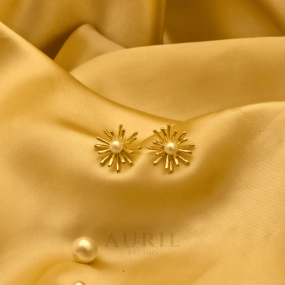 Sunburst Ray Pearl Stud Earrings