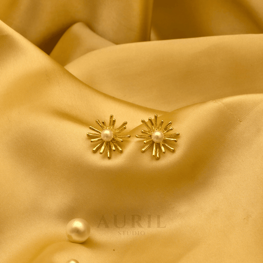 Sunburst Ray Pearl Stud Earrings