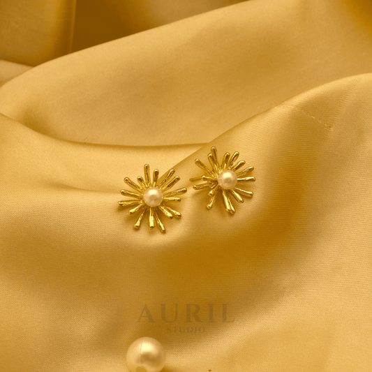 Sunburst Ray Pearl Stud Earrings
