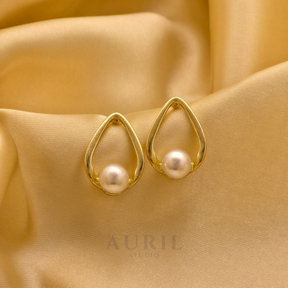Teardrop Pearl Gold Stud Earrings