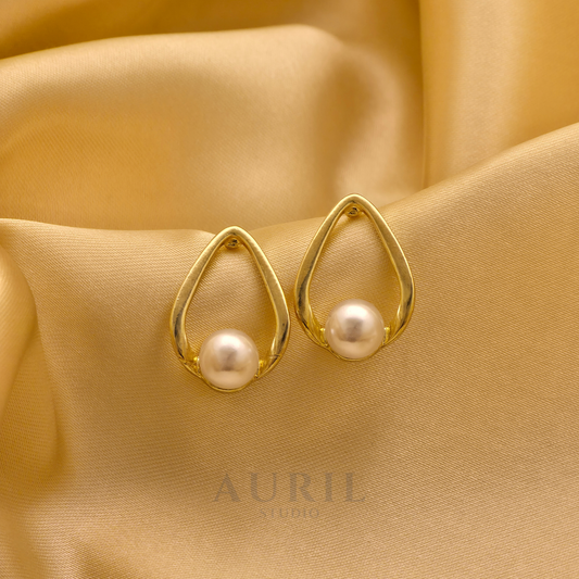 Teardrop Pearl Gold Stud Earrings
