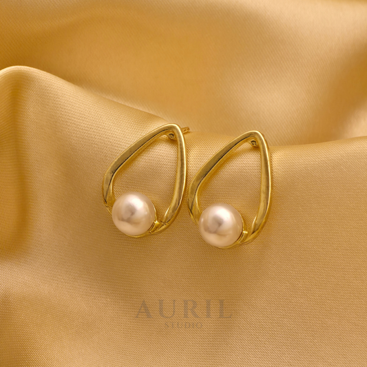 Teardrop Pearl Gold Stud Earrings