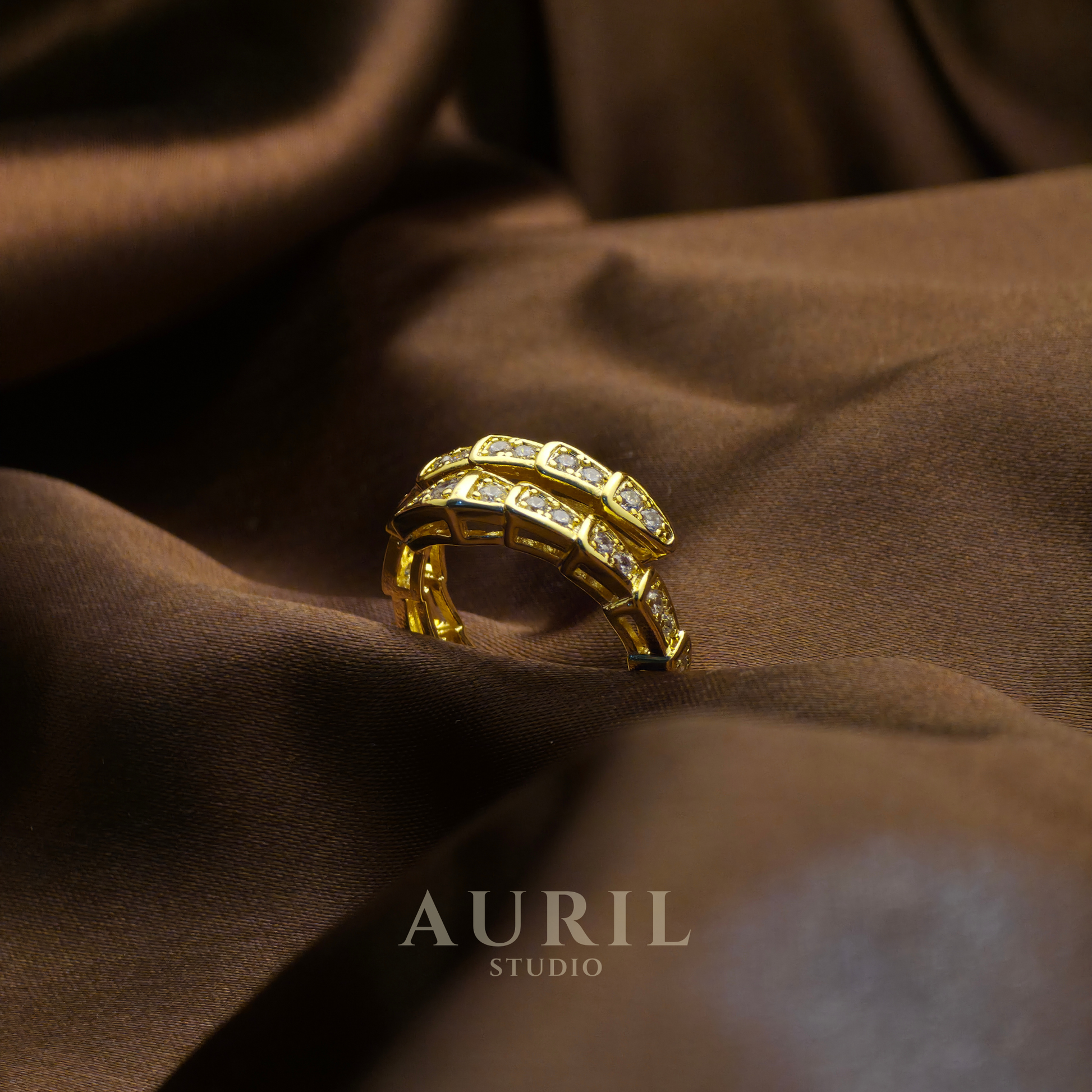 Crystal Snake Wrap Ring, Gold Plated Serpent Pavé Statement Ring for Women

