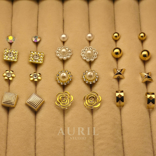 Gold 12 Pair Earrings Combo Set for Women – Mixed Studs Pearl Crystal Floral