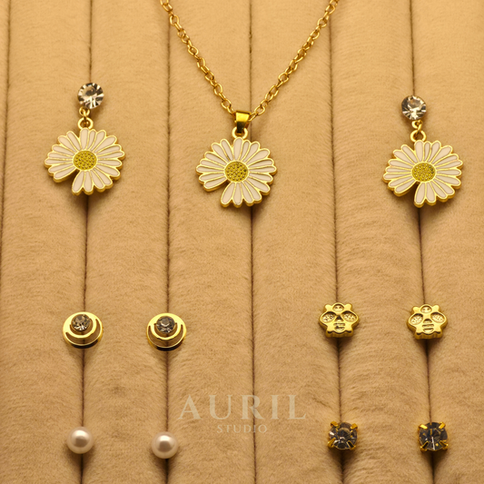 White Daisy Pendant Necklace and Earrings Set - 5 Pairs Stud Earrings Combo for Women & Girls